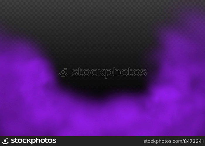 Realistic scary mystical  violet fog in night Halloween. Purple poisonous gas, dust and smoke effect.