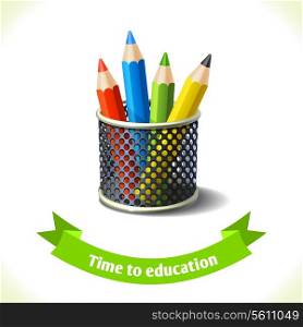 Realistic school colored pencils icon with ribbon banner isolated on white background vector illustration