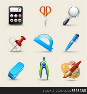Realistic school education icons set of scissors magnifier eraser isolated vector illustration