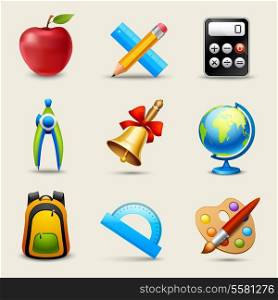 Realistic school icons set of calculator globe backpack isolated vector illustration