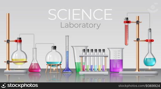 Realistic science laboratory. Chemical lab glassware, beakers, test tubes, flasks and bottles with experimental liquids, 3d vector concept. Illustration experiment lab realistic banner or poster. Realistic science laboratory. Chemical lab glassware, beakers, test tubes, flasks and bottles with experimental liquids, 3d vector concept