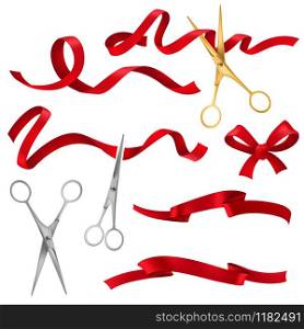 Realistic scissors and ribbons. Grand opening event public ceremony, metal scissors cut red silk ribbon, festive elements isolated vector success launch set. Realistic scissors and ribbons. Grand opening event public ceremony, metal scissors cut red silk ribbon, festive elements isolated vector set