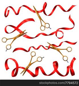 Realistic scissors grand opening set with isolated images of golden scissors and red ribbons on blank background vector illustration. Scissors And Ribbons Set
