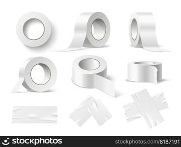 Realistic scotch tape. Sticky rolls in different angles, office stationery, painting adhesive supplies, white paper tape mockup, blank clean 3d isolated elements, delivery packaging, utter vector set. Realistic scotch tape. Sticky rolls in different angles, office stationery, painting adhesive supplies, white paper tape mockup, blank clean 3d elements, delivery packaging, utter vector set