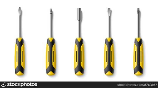 Realistic screwdrivers. Home worker tools with different heads. Cross, flat, insulating handles, hand repair instrument. Construction repair instruments. Top view 3d isolated elements utter vector set. Realistic screwdrivers. Home worker tools with different heads. Cross, flat, insulating handles, hand repair instrument. Construction instruments. Top view 3d isolated elements utter vector set