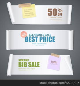 Realistic scroll paper banners on clearance sale theme with best price and limited time only headlines vector illustration. Realistic Scroll Paper Banners