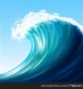 Realistic sea big wave with white foam on crest and splashes on blue background vector illustration  . Realistic Sea Big Wave