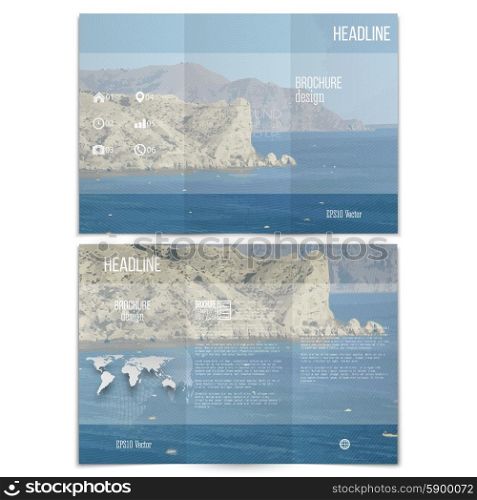 Realistic sea landscape. Brochure, tri-fold flyer or booklet for business. Modern trendy design vector templates on both sides.