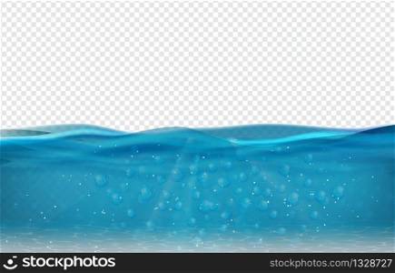 Realistic sea underwater scene with transparent wave. Ocean scene banner with horizontal water surface