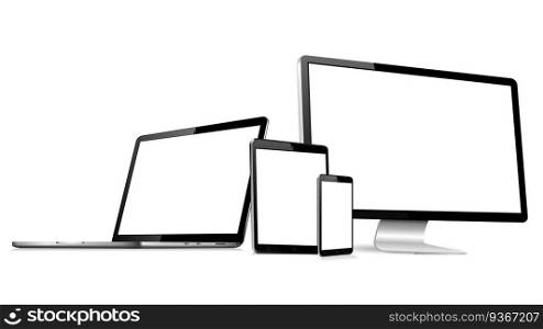 Realistic set computer, laptop, tablet and smartphone. Device screen mockup collection. Realistic space gray mock up computer, laptop, tablet, phone with shadow- stock vector.. Responsive web design computer display with laptop and tablet pc with mobile phone isolated