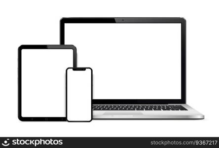 Realistic set computer, laptop, tablet and smartphone. Device screen mockup collection. Realistic space gray mock up computer, laptop, tablet, phone with shadow- stock vector.. Laptop, tablet and smart phone isolated on white background with empty screen
