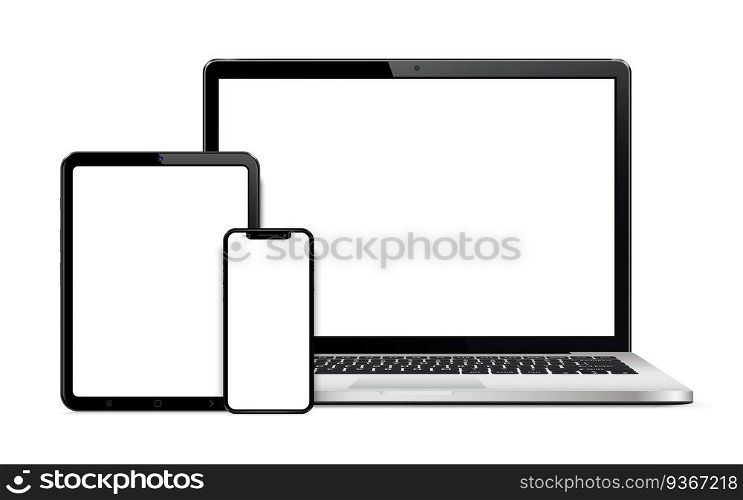 Realistic set computer, laptop, tablet and smartphone. Device screen mockup collection. Realistic mock up computer, laptop, tablet, phone with shadow- stock vector.. Laptop, tablet and smart phone isolated on white background with empty screen
