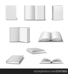 Realistic set of 3d open and closed books with blank white cover isolated vector illustration
