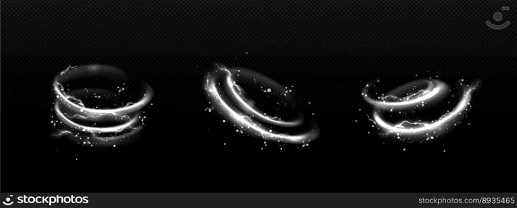 Realistic set of abstract energy spin effect isolated on dark transparent background. Vector illustration of white spiral rings with lightning discharge and sparks. Magic power vortex design element. Realistic set of abstract energy spin effect
