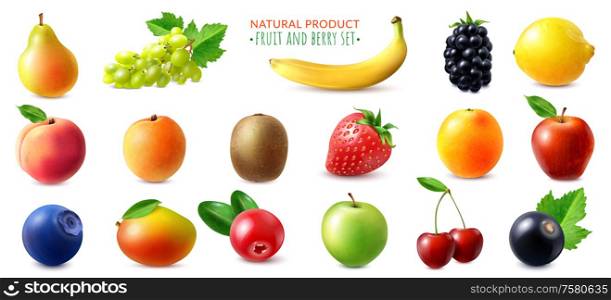 Realistic set of berries and fruits with pear apple strawberry banana lemon kiwi isolated on white background vector illustration