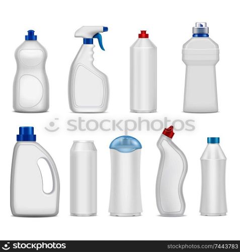 Realistic set of blank plastic detergent bottles with various lids isolated on white background vector illustration . Detergent Bottles Set