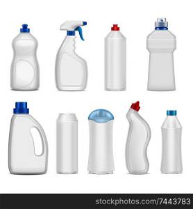 Realistic set of blank plastic detergent bottles with various lids isolated on white background vector illustration . Detergent Bottles Set