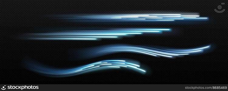 Realistic set of blue neon waves isolated on transparent background. Abstract straight and curvy lines rushing forward. High speed, instant internet connection, fast motion effect. Vector illustration. Realistic set of blue neon waves on transparent