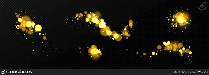 Realistic set of blurred yellow lights sparkling on black background. Vector illustration of abstract festive garland, magic shimmering dust, fantasy fireflies at night. Banner design elements. Realistic set of blurred yellow lights on black