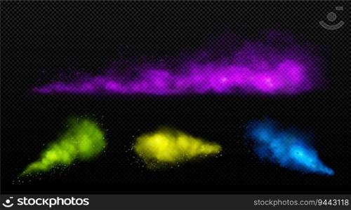Realistic set of color powder clouds on transparent background. Vector illustration of purple, green, yellow, blue paint splash in air, holi fest colorful dust splatters, spray texture, vivid mist. Realistic set of color powder clouds