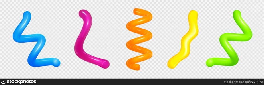 Realistic set of colorful 3D spiral lines isolated on transparent background. Vector illustration of abstract curvy design elements, glossy plastic tubes with paint inside, creative zigzag decor. Realistic set of colorful 3D spiral lines
