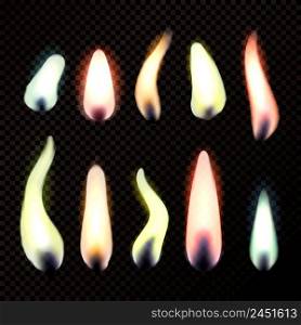 Realistic set of colorful burning candle bright flames isolated on dark transparent background vector illustration . Candle Flames Realistic Set