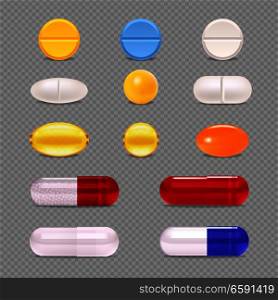 Realistic set of colorful medicine pills dragee and capsules isolated on transparent background vector illustration . Medicine Pills Transparent Set