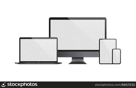 Realistic set of computer monitor, laptop, tablet, smartphone illustration. With transparent blank display. Vector EPS 10. Isolated on white background.. Realistic set of computer monitor, laptop, tablet, smartphone illustration. With transparent blank display. Vector EPS 10. Isolated on white background