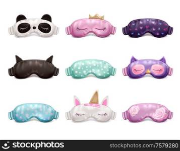 Realistic set of cute colorful sleeping masks with different patterns isolated on white background vector illustration