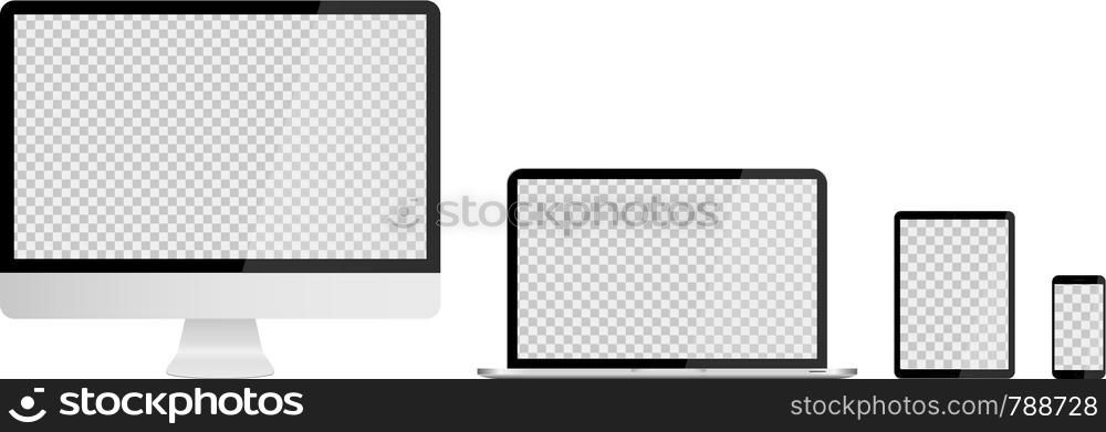 Realistic set of devices personal computer laptop tablet mobile phone with empty screens on white background. Screen isolated.