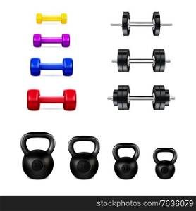 Realistic set of different gym equipment including colorful dumbbells metal kettlebells and barbells isolated vector illustration. Dumbbells Realistic Set