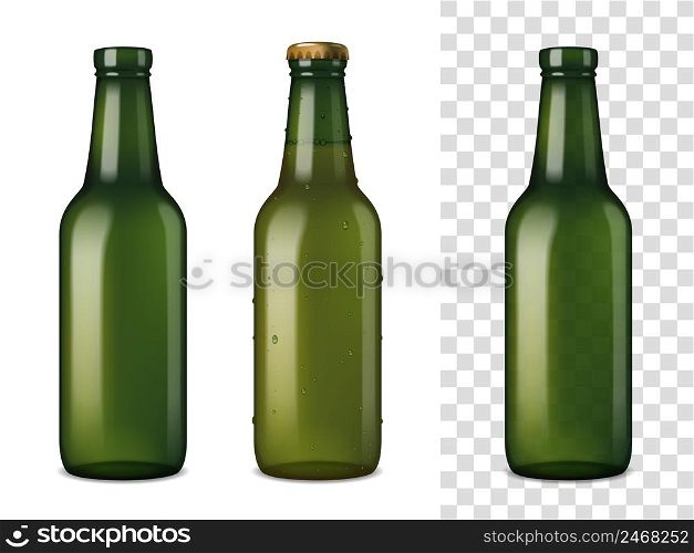 Realistic set of empty and filled with cooled beer glass bottles on white and transparent compound backgrounds vector illustration . Beer Glass Bottles Realistic Set