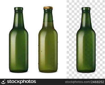 Realistic set of empty and filled with cooled beer glass bottles on white and transparent compound backgrounds vector illustration . Beer Glass Bottles Realistic Set