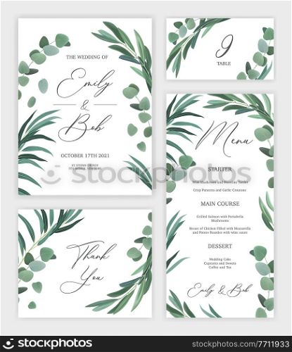 Realistic set of floral design wedding invitation card and festive menu isolated vector illustration. Wedding Invitation Set