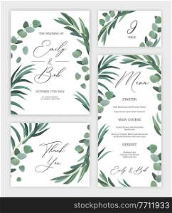 Realistic set of floral design wedding invitation card and festive menu isolated vector illustration. Wedding Invitation Set