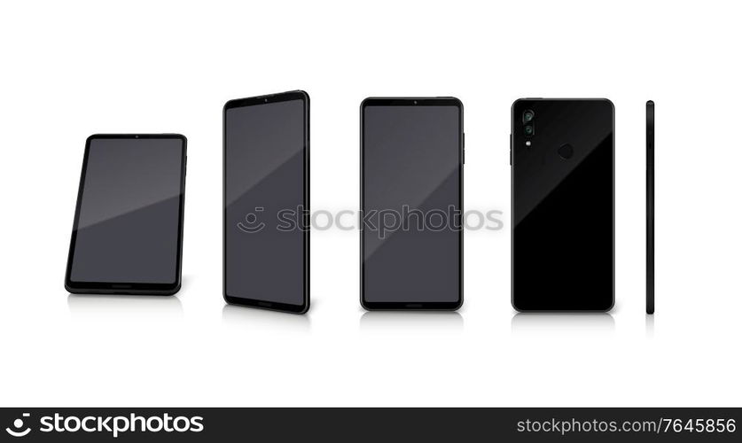 Realistic set of front back and side smartphone mockups on white background isolated vector illustration