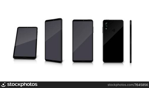 Realistic set of front back and side smartphone mockups on white background isolated vector illustration