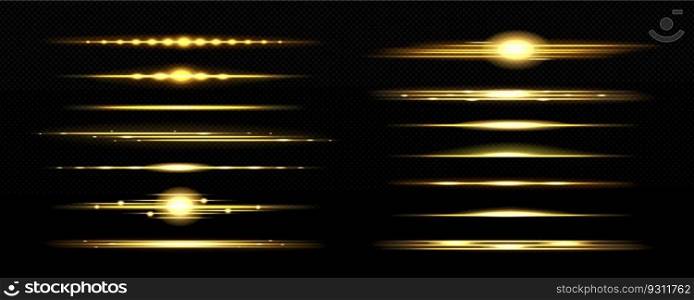 Realistic set of golden light lines isolated on transparent background. Vector illustration of yellow LED lamp shine, shimmering sunrise flash on horizon, magic energy effect, sunshine divider. Realistic set of golden light lines on transparent