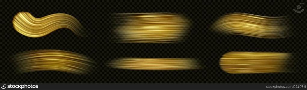 Realistic set of golden paint brush strokes isolated on transparent background. Vector illustration of shiny color s&les on black surface, splach texture, wavy and straight line trails. Luxury art. Realistic set of golden paint brush strokes
