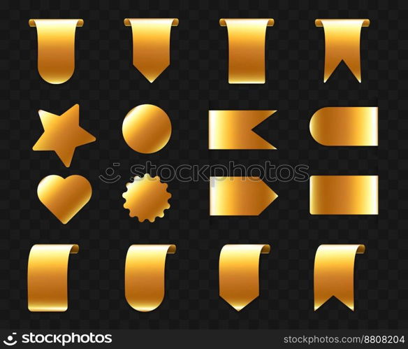 Realistic set of golden sale tags and labels png isolated on black background. Vector illustration of shiny yellow round, star, heart, flag shape banner templates. Marketing design elements. Realistic set of golden sale tags and labels png