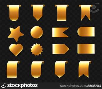 Realistic set of golden sale tags and labels png isolated on black background. Vector illustration of shiny yellow round, star, heart, flag shape banner templates. Marketing design elements. Realistic set of golden sale tags and labels png