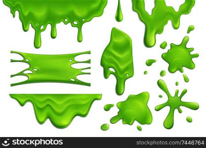 Realistic set of green slime blots and drops isolated on white background vector illustration