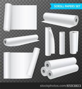 Realistic set of isolated clean white paper scrolls on transparent background vector illustration. Clean White Paper Scrolls Transparent Set