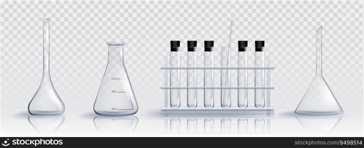 Realistic set of laboratory glassware isolated on transparent background. Vector illustration of lab beaker, flask, tube, graduated container with pipette for scientific experiment, chemical substance. Realistic set of laboratory glassware