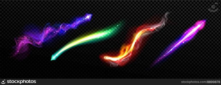 Realistic set of magic power neon light trails isolated on transparent background. Vector illustration of abstract colorful flashes from wizard spell or space blaster with sparkling arrow signs. Realistic set of magic power neon light trails