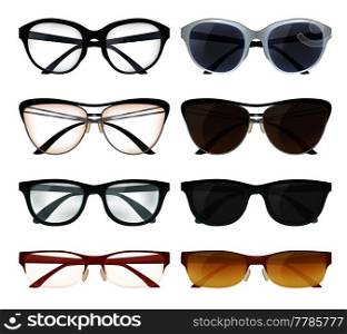 Realistic set of modern glasses and sunglasses with colorful frames isolated on white background vector illustration. Modern Glasses Set