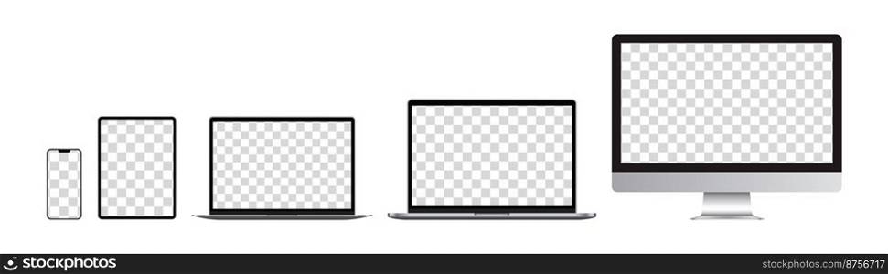 Realistic set of Monitor, laptop, tablet, smartphone on transparent background. Mockup set of device. Vector illustration. Realistic set of Monitor, laptop, tablet, smartphone on transparent background. Mockup set of device. Vector