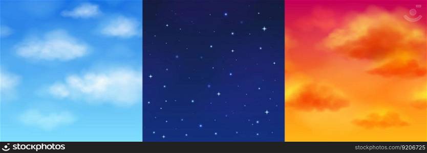 Realistic set of morning, night and sunset sky seamless texture with fluffy white clouds on blue, stars shimmering in dark space, orange dawn cloudscape. Vector illustration of day, evening background. Realistic set of morning, night and sunset sky