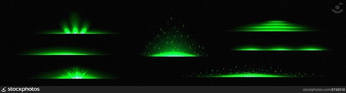 Realistic set of neon green light line dividers png isolated on transparent background. Vector illustration of horizontal flare, sparkling explosion, magic illumination effects glowing in darkness. Realistic set of neon green light line dividers
