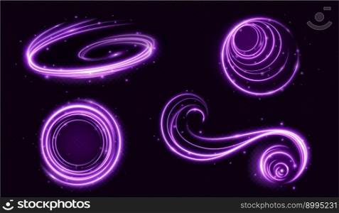 Realistic set of purple light motion effects isolated on transparent background. Vector illustration of magic neon swirl, wave, abstract curve sparkling with shiny particles. Luminous energy speed. Realistic set of purple light motion effects
